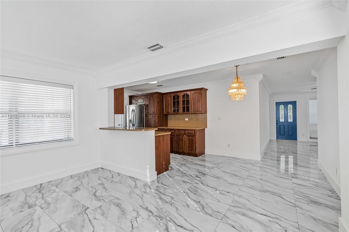 Chandelier, Interior, Kitchen, Marble, Stainless Steel Appliances