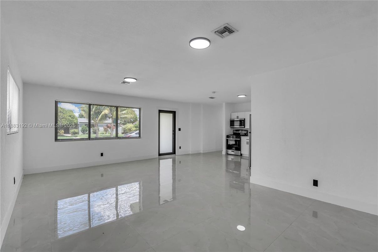 Empty room, Interior, Kitchen, Recessed Lighting, Stainless Steel Appliances