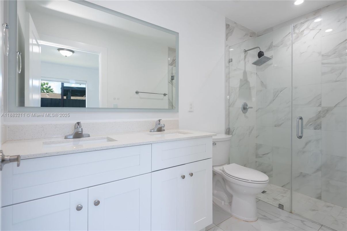 Bathroom, Glass Shower, Interior, Marble, Marble Walls, Recessed Lighting