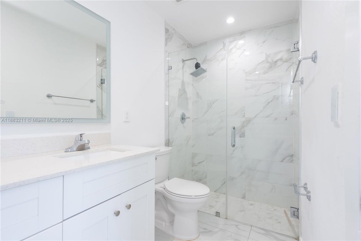 Bathroom, Glass Shower, Interior, Marble, Marble Walls, Recessed Lighting