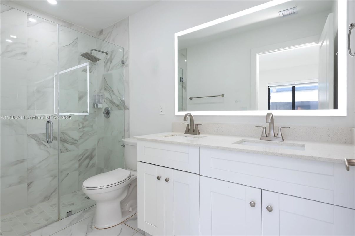 Bathroom, Glass Shower, Interior, Marble, Marble Walls, Recessed Lighting