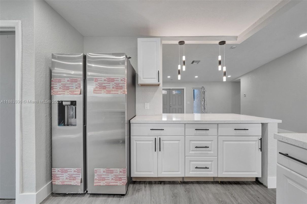 Interior, Kitchen, Pendant Lights, Recessed Lighting, Stainless Steel Appliances, Wood Texture Flooring