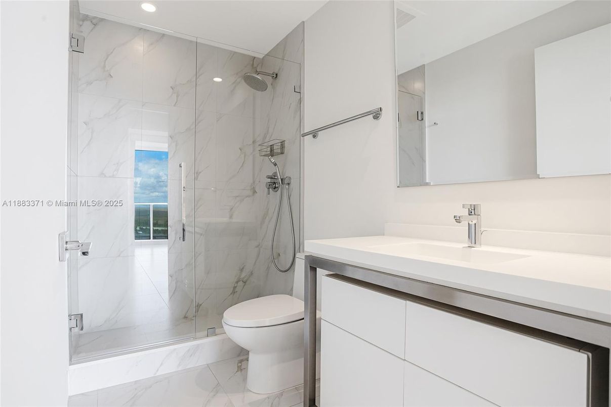 Bathroom, Glass Shower, Interior, Marble, Marble Walls, Recessed Lighting