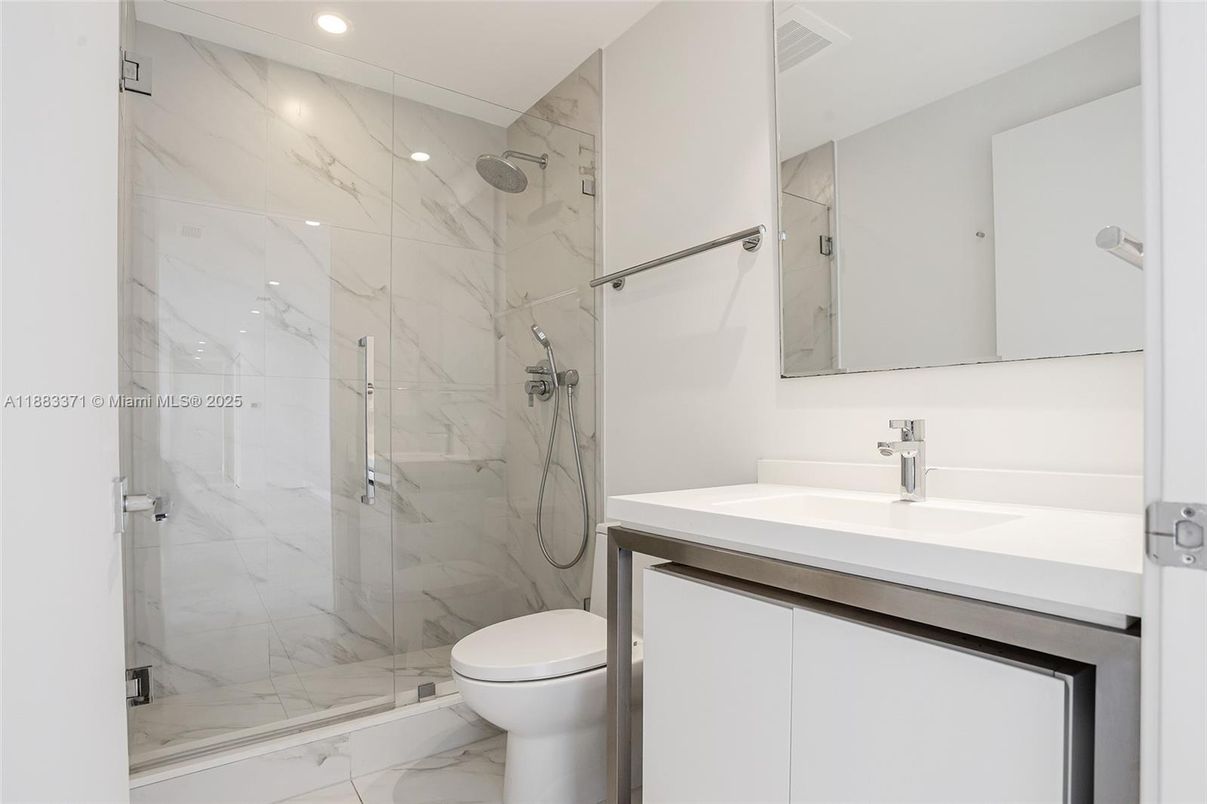 Bathroom, Glass Shower, Interior, Marble, Marble Walls, Recessed Lighting