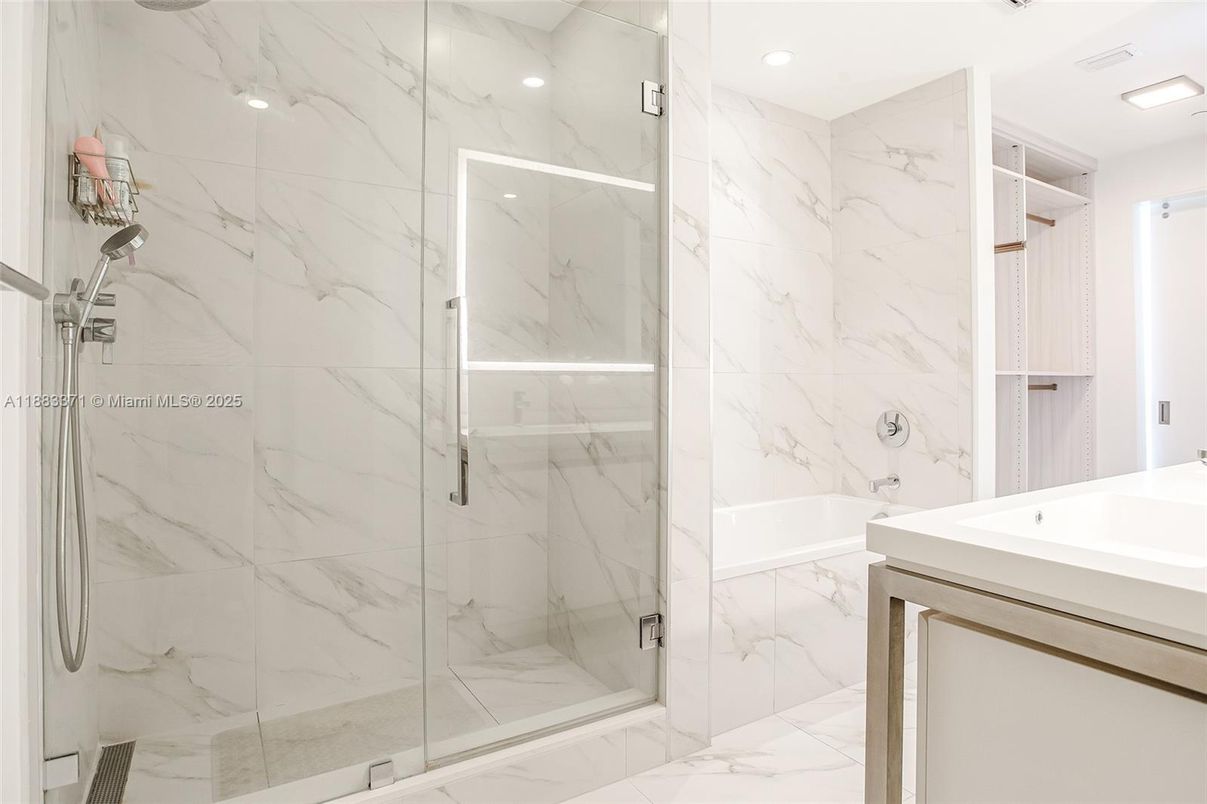 Bathroom, Glass Shower, Interior, Marble, Marble Walls, Recessed Lighting