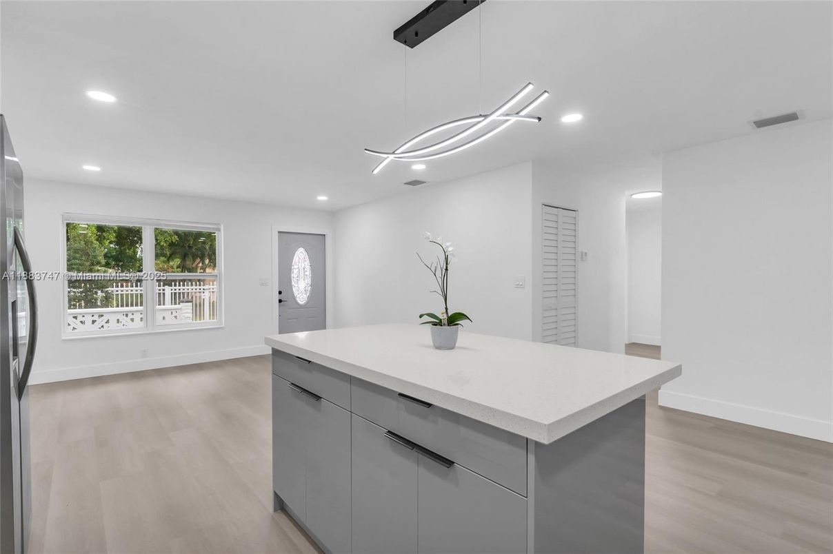 Interior, Kitchen, Pendant Lights, Recessed Lighting, Wood Texture Flooring