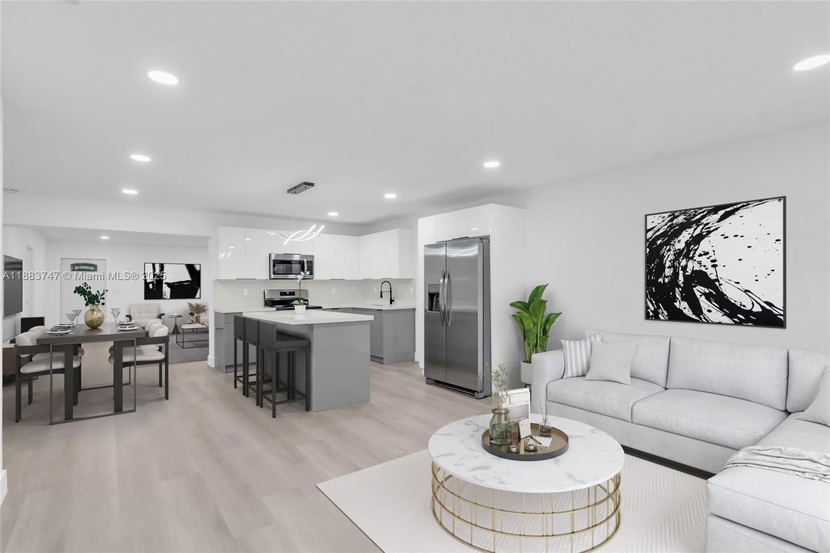 Dining room, Interior, Kitchen, Living room, Pendant Lights, Recessed Lighting, Stainless Steel Appliances, Wood Texture Flooring