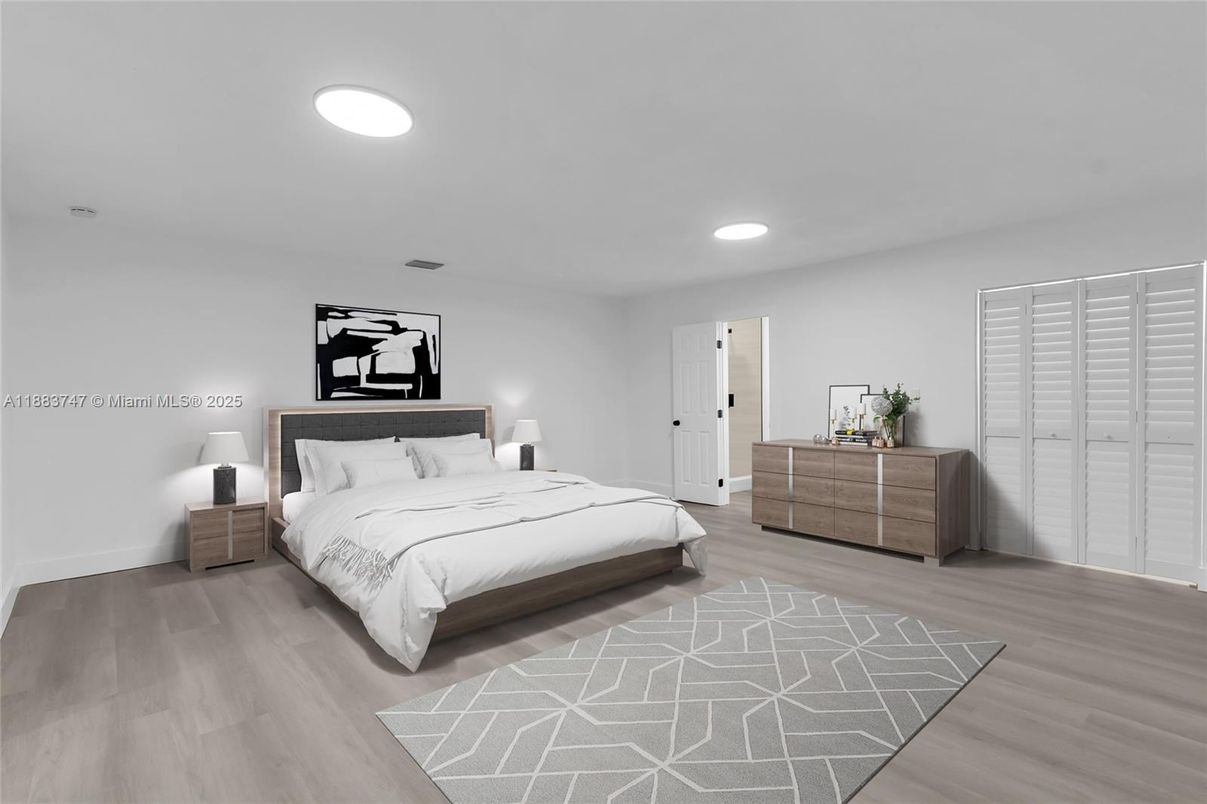 Bedroom, Interior, Recessed Lighting, Wood Texture Flooring