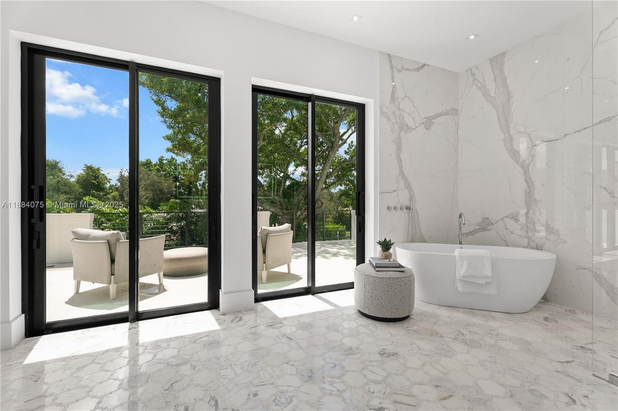 Bathroom, Free Standing Baths, Interior, Marble, Marble Walls, Recessed Lighting