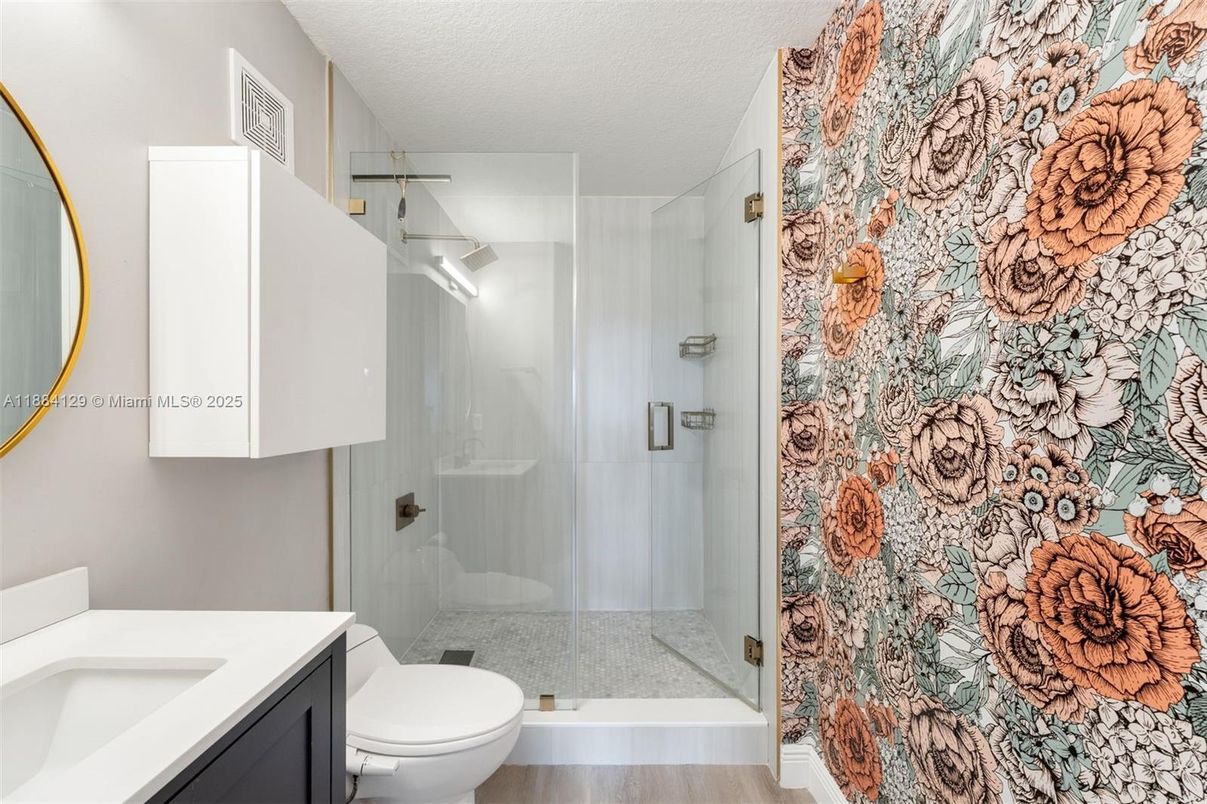 Bathroom, Glass Shower, Interior, Wood Texture Flooring