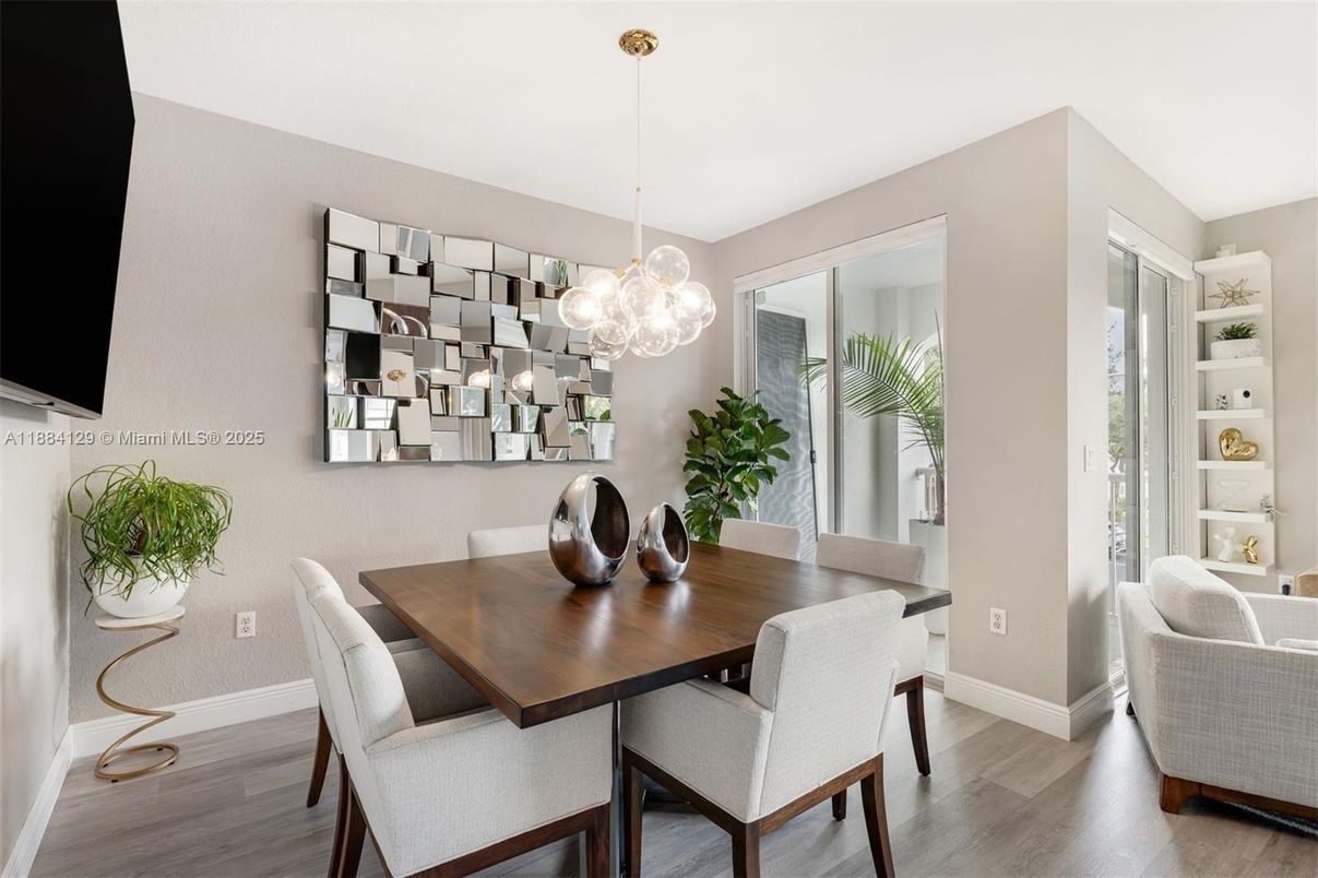 Dining room, Interior, Pendant Lights, Wood Texture Flooring