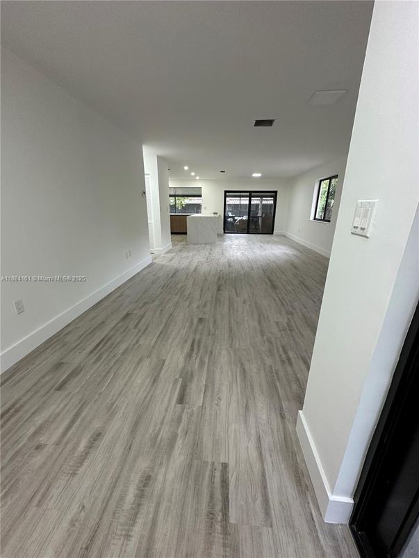 Empty room, Interior, Kitchen, Recessed Lighting, Wood Texture Flooring