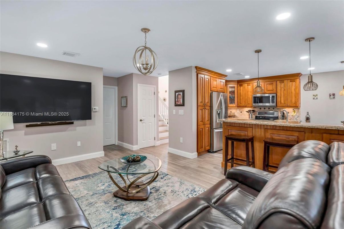 Interior, Kitchen, Living room, Pendant Lights, Recessed Lighting, Stainless Steel Appliances, Wood Texture Flooring