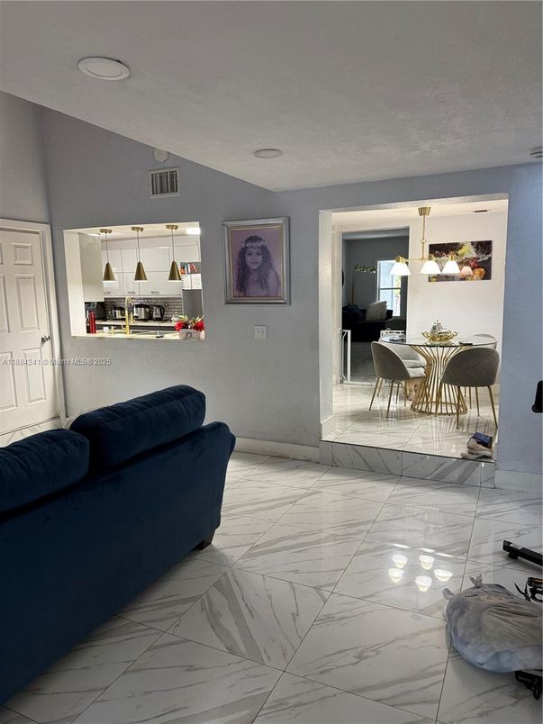 Dining room, Interior, Living room, Marble, Pendant Lights, Recessed Lighting