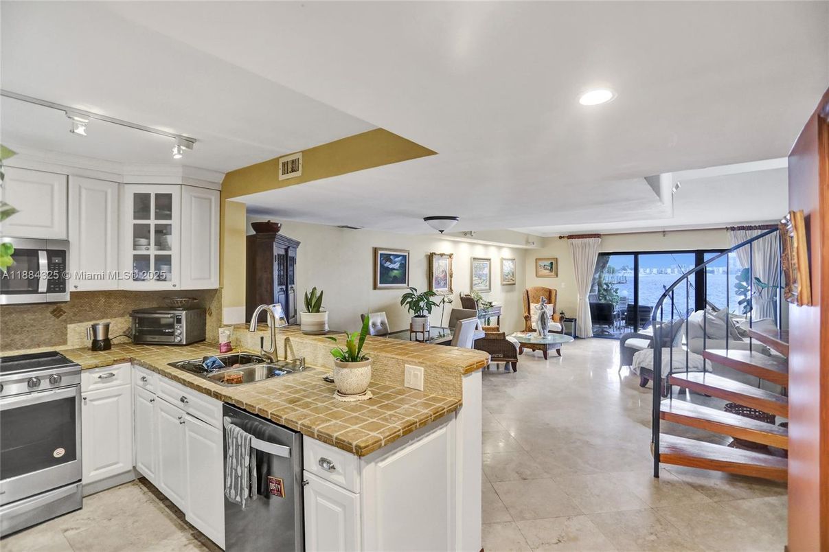 Interior, Kitchen, Living room, Recessed Lighting, Stainless Steel Appliances, Tile Countertops