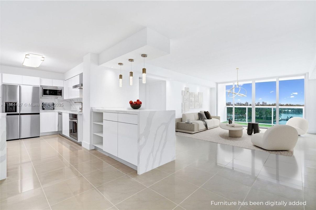 Dining room, Interior, Kitchen, Pendant Lights, Stainless Steel Appliances, Water