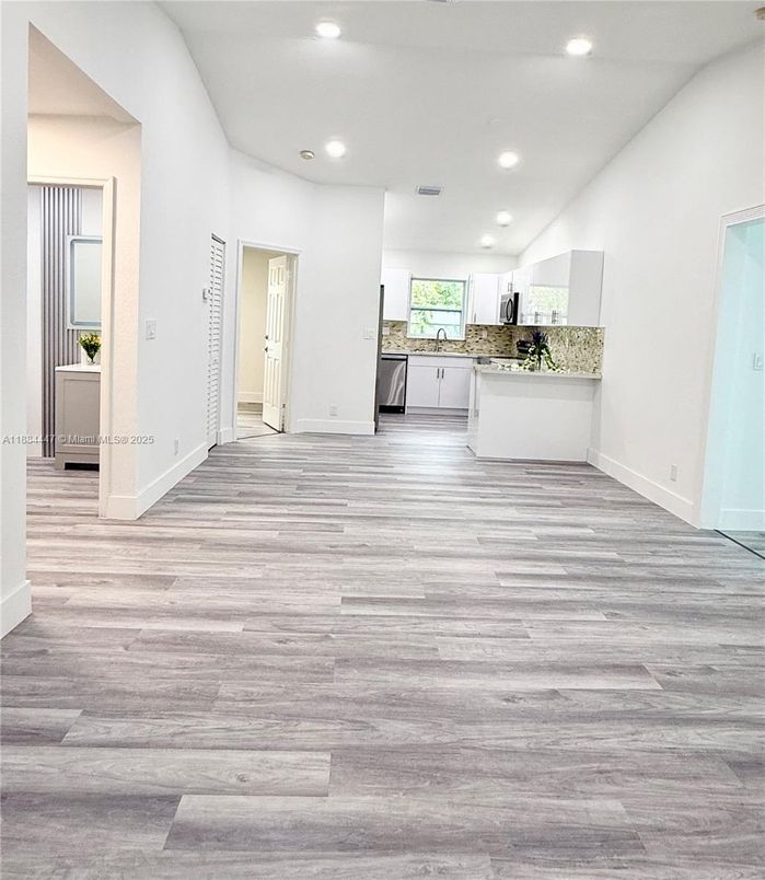 Empty room, Interior, Kitchen, Recessed Lighting, Wood Texture Flooring