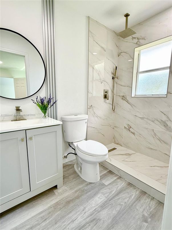 Bathroom, Interior, Marble Walls, Wood Texture Flooring