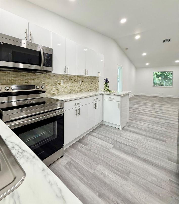 Interior, Kitchen, Recessed Lighting, Stainless Steel Appliances, Wood Texture Flooring
