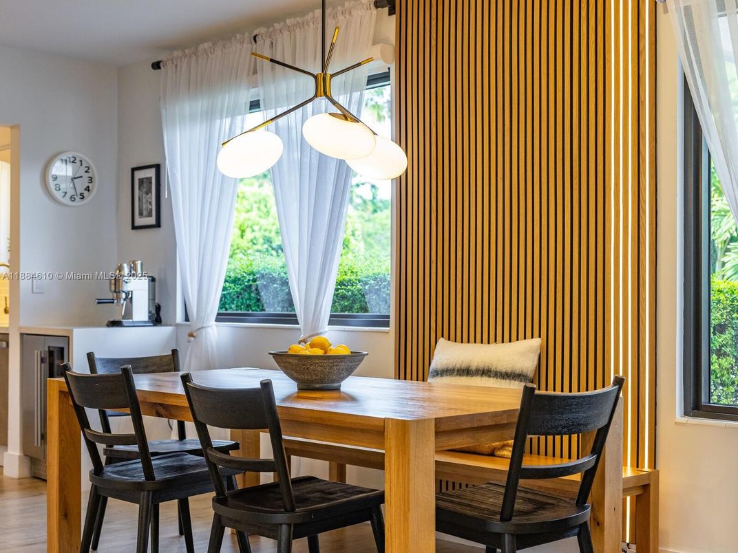 Dining room, Interior, Pendant Lights, Wood Texture Flooring