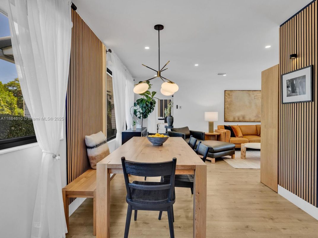 Dining room, Interior, Pendant Lights, Recessed Lighting, Wood Texture Flooring