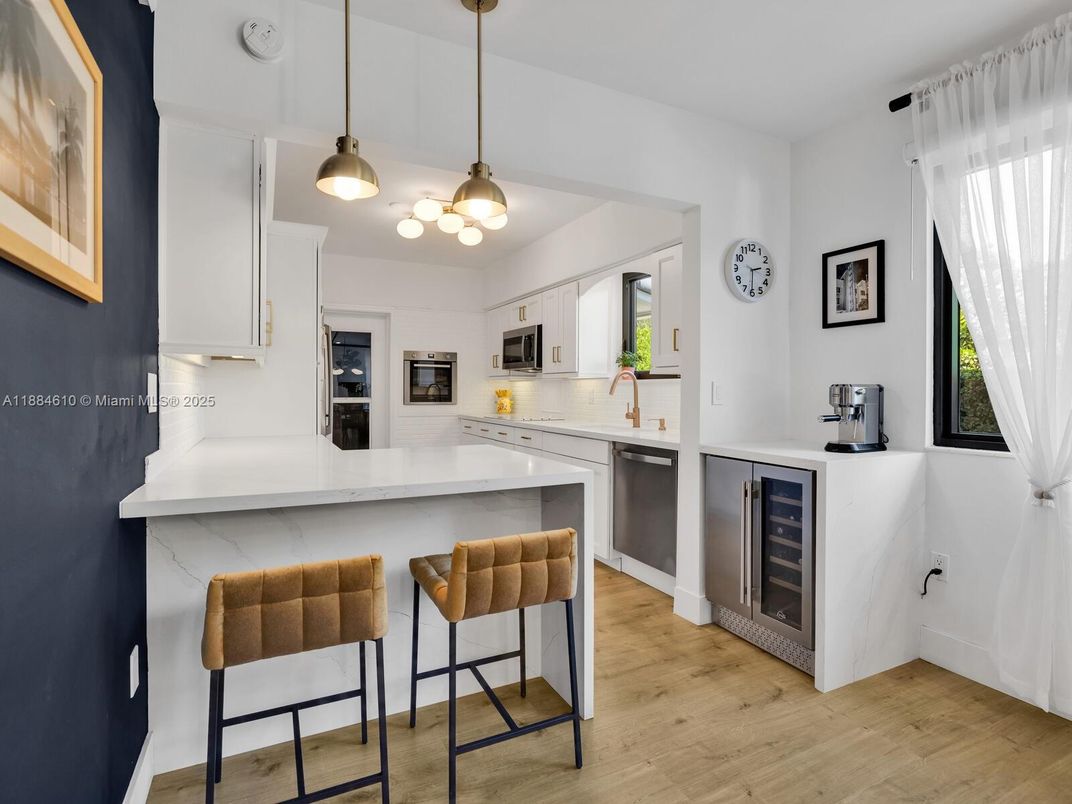 Interior, Kitchen, Pendant Lights, Stainless Steel Appliances, Wood Texture Flooring