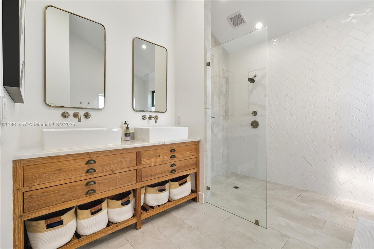 Bathroom, Dual Sink Vanities, Glass Shower, Interior, Recessed Lighting