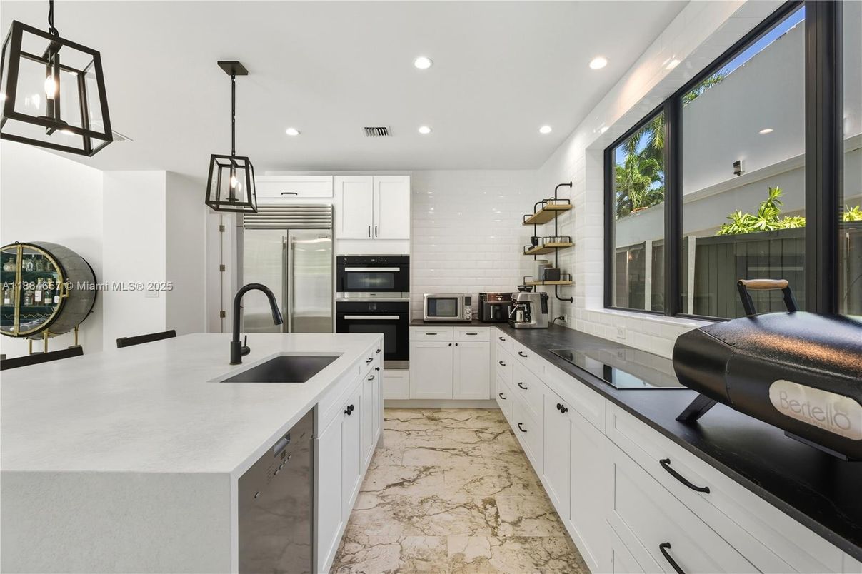 Interior, Kitchen, Marble, Pendant Lights, Recessed Lighting, Stainless Steel Appliances