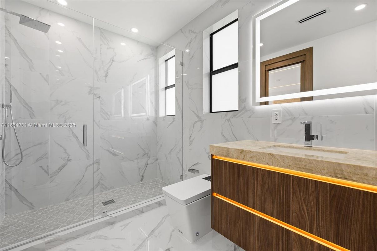 Bathroom, Glass Shower, Interior, Marble, Marble Walls, Recessed Lighting