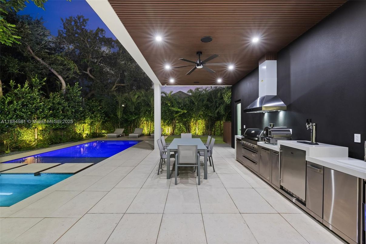 Exterior, Outdoor Kitchen, Pool, Recessed Lighting, Stainless Steel Appliances