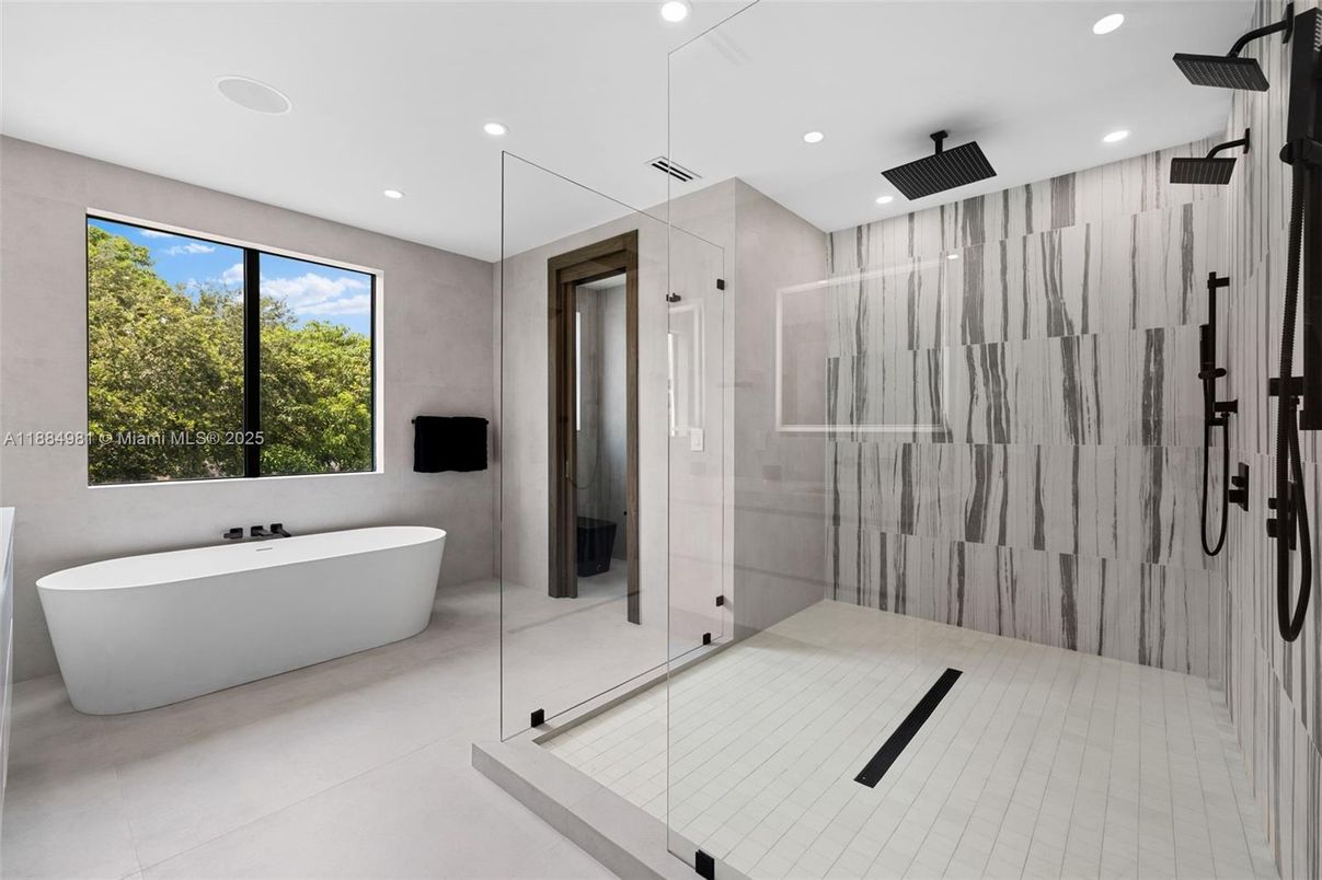 Bathroom, Free Standing Baths, Glass Shower, Interior, Recessed Lighting
