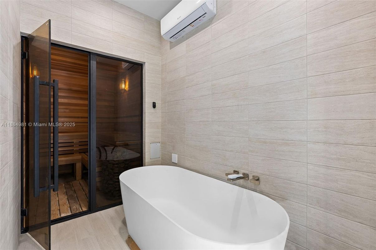 Bathroom, Free Standing Baths, Glass Shower, Interior, Wood Texture Flooring, Wooden Walls