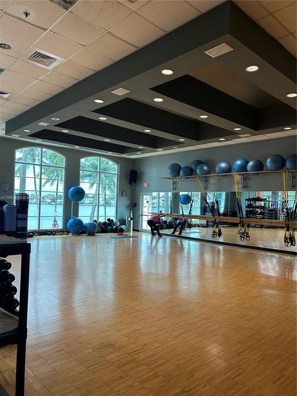 Fitness Equipment, Gym, Interior, Recessed Lighting, Wood Texture Flooring