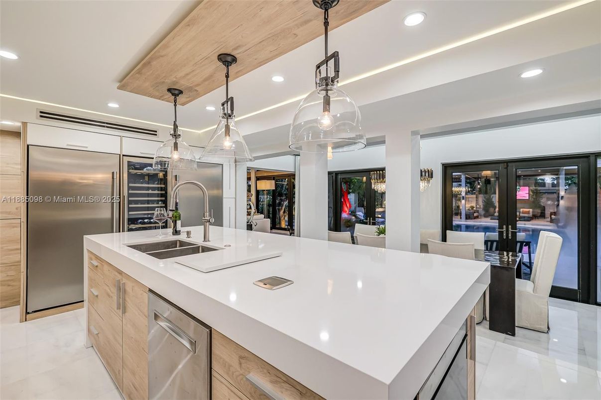 Interior, Kitchen, Pendant Lights, Recessed Lighting, Stainless Steel Appliances, Wooden Ceilings