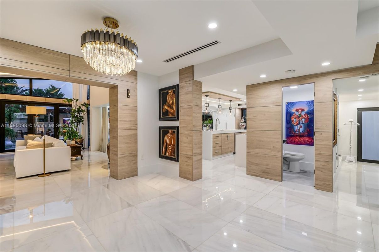Bathroom, Chandelier, Interior, Marble, Recessed Lighting