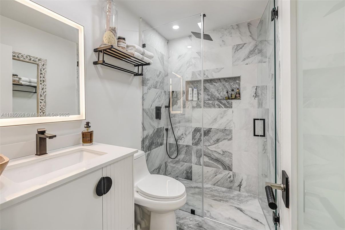 Bathroom, Glass Shower, Interior, Marble, Marble Walls, Recessed Lighting