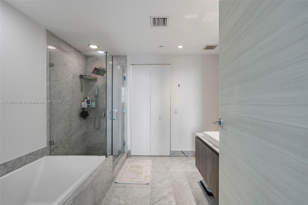Bathroom, Glass Shower, Interior, Marble, Marble Walls, Recessed Lighting