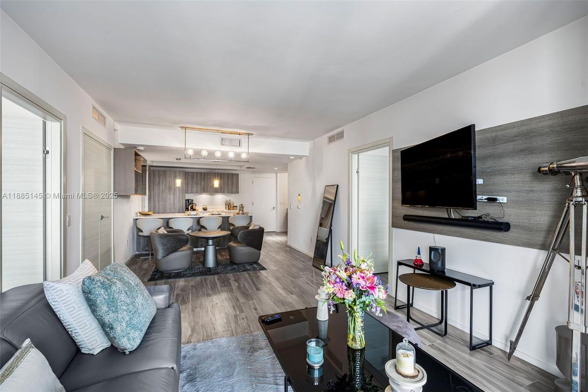 Dining room, Interior, Kitchen, Living room, Pendant Lights, Stainless Steel Appliances, Wood Texture Flooring