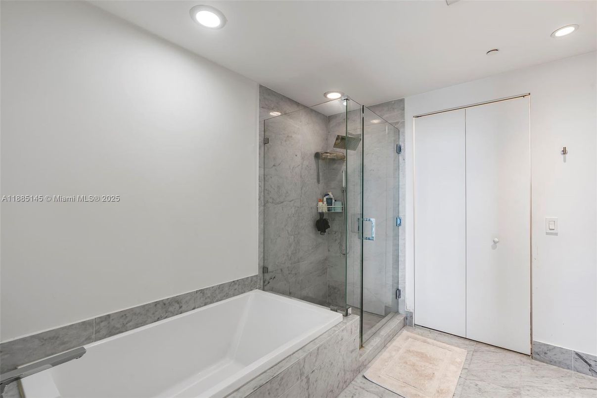 Bathroom, Glass Shower, Interior, Marble Walls, Recessed Lighting