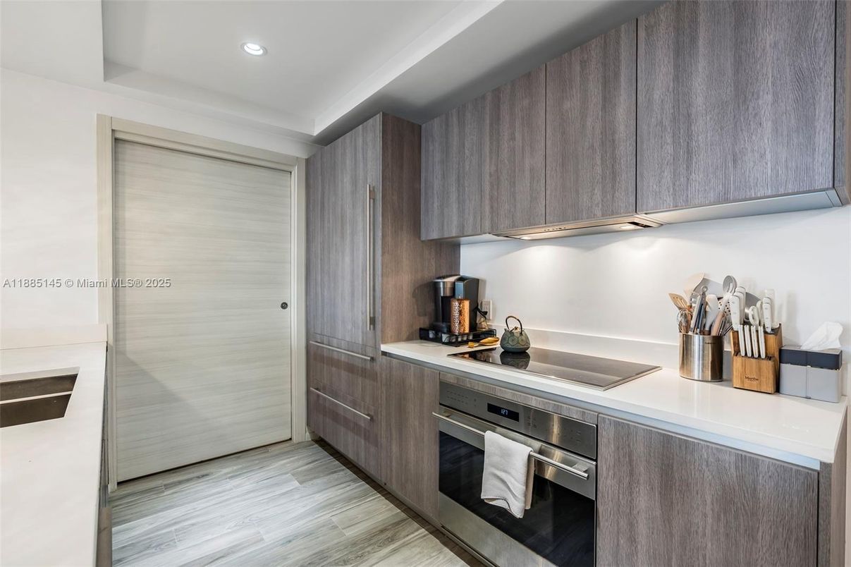 Interior, Kitchen, Recessed Lighting, Stainless Steel Appliances, Wood Texture Flooring