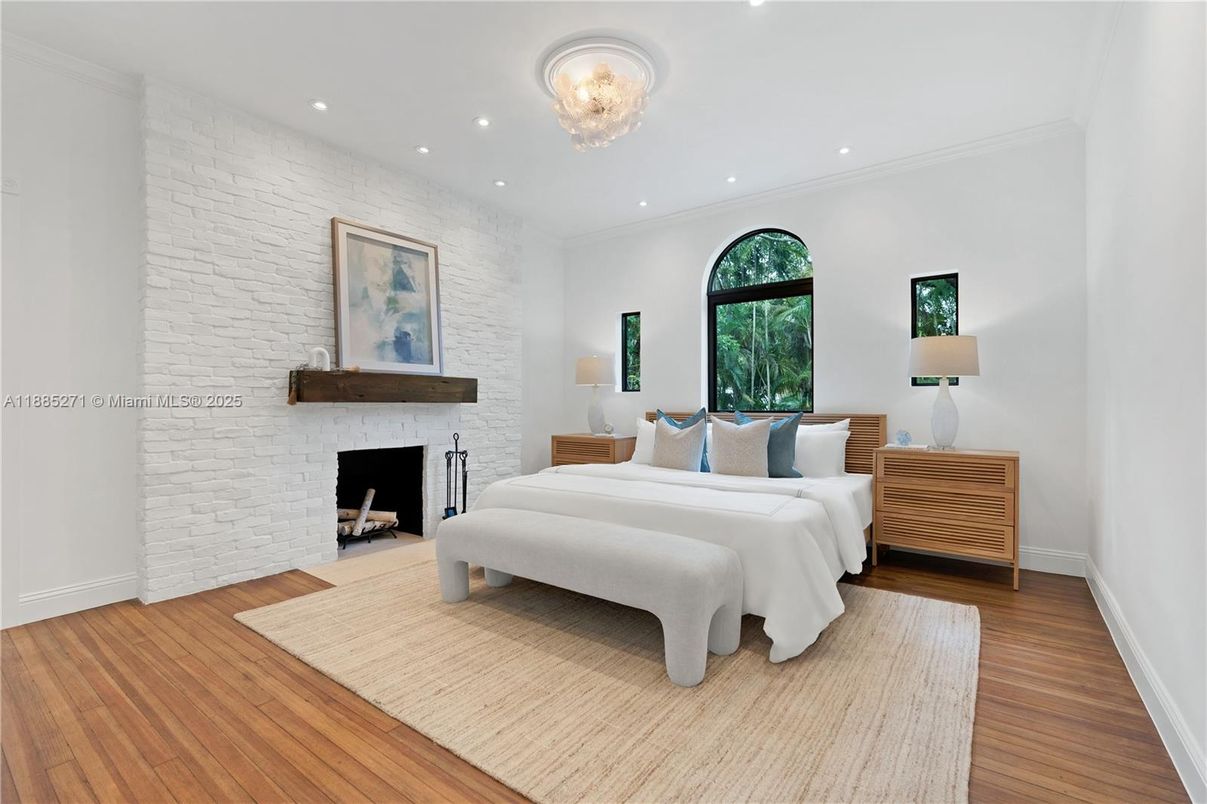 Bedroom, Fireplace, Interior, Recessed Lighting, Stone Walls, Wood Texture Flooring