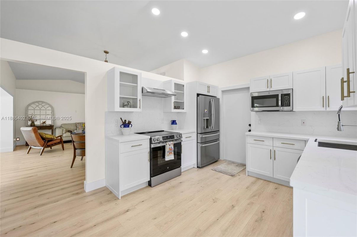 Interior, Kitchen, Recessed Lighting, Stainless Steel Appliances, Wood Texture Flooring