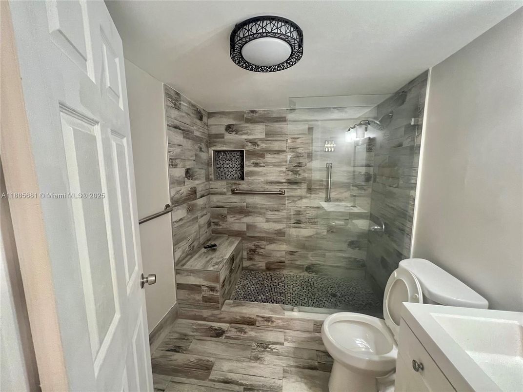 Bathroom, Glass Shower, Interior, Wood Texture Flooring, Wooden Walls