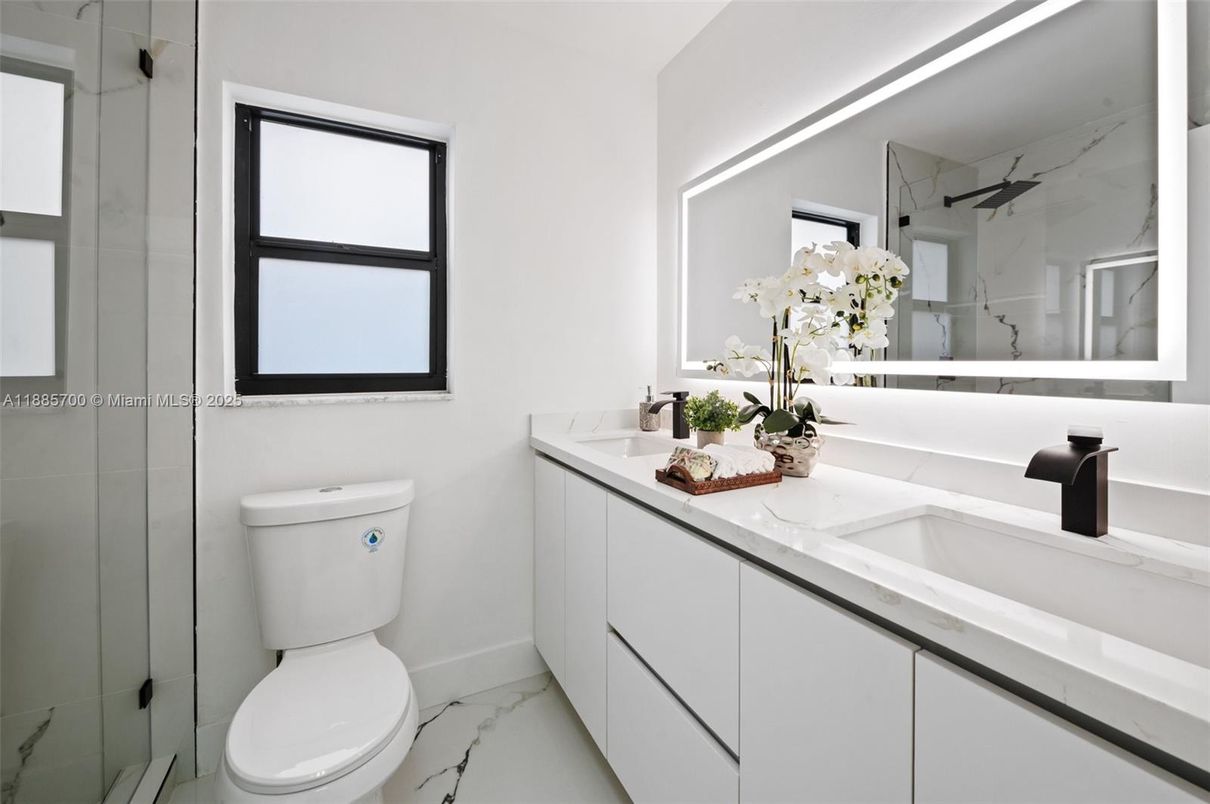 Bathroom, Dual Sink Vanities, Glass Shower, Interior, Marble, Marble Walls