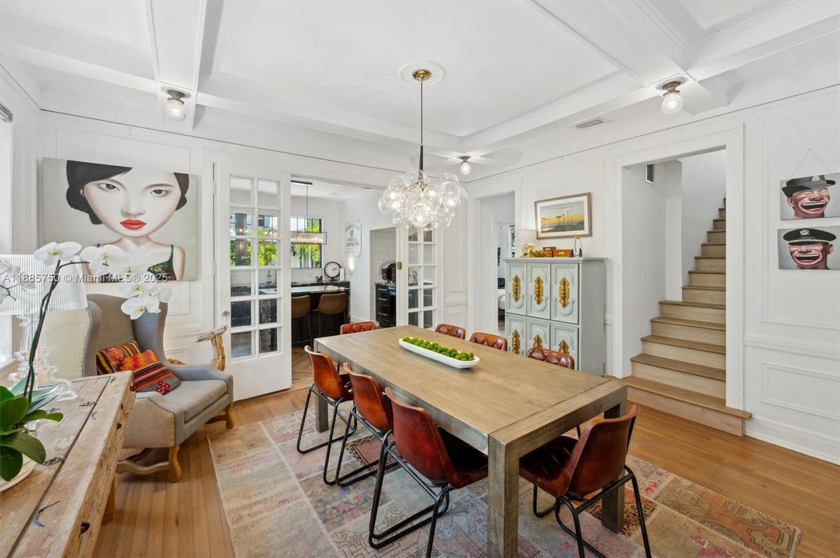 Dining room, Interior, Pendant Lights, Wood Texture Flooring