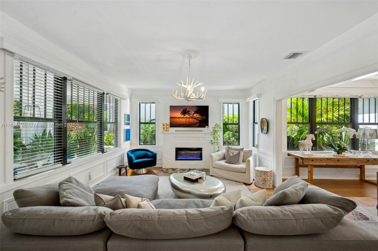 Fireplace, Interior, Living room, Pendant Lights, Wood Texture Flooring