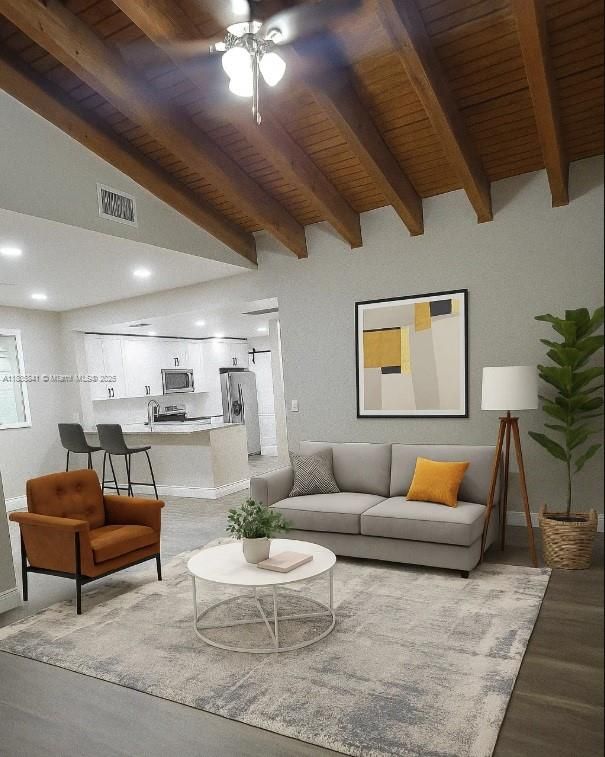 Interior, Kitchen, Living room, Recessed Lighting, Stainless Steel Appliances, Wooden Beams, Wooden Ceilings, Wood Texture Flooring