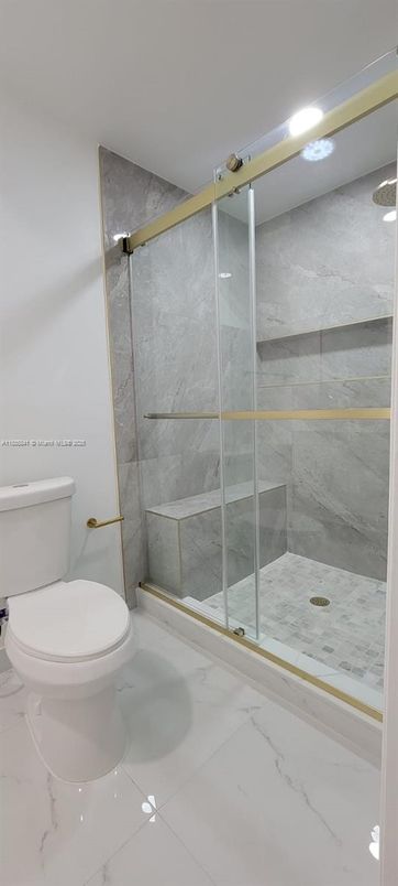 Bathroom, Glass Shower, Interior, Marble, Marble Walls, Recessed Lighting