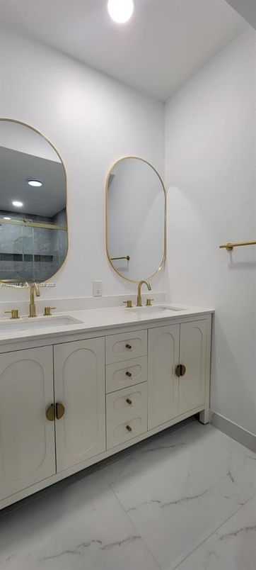 Bathroom, Dual Sink Vanities, Interior, Marble, Recessed Lighting