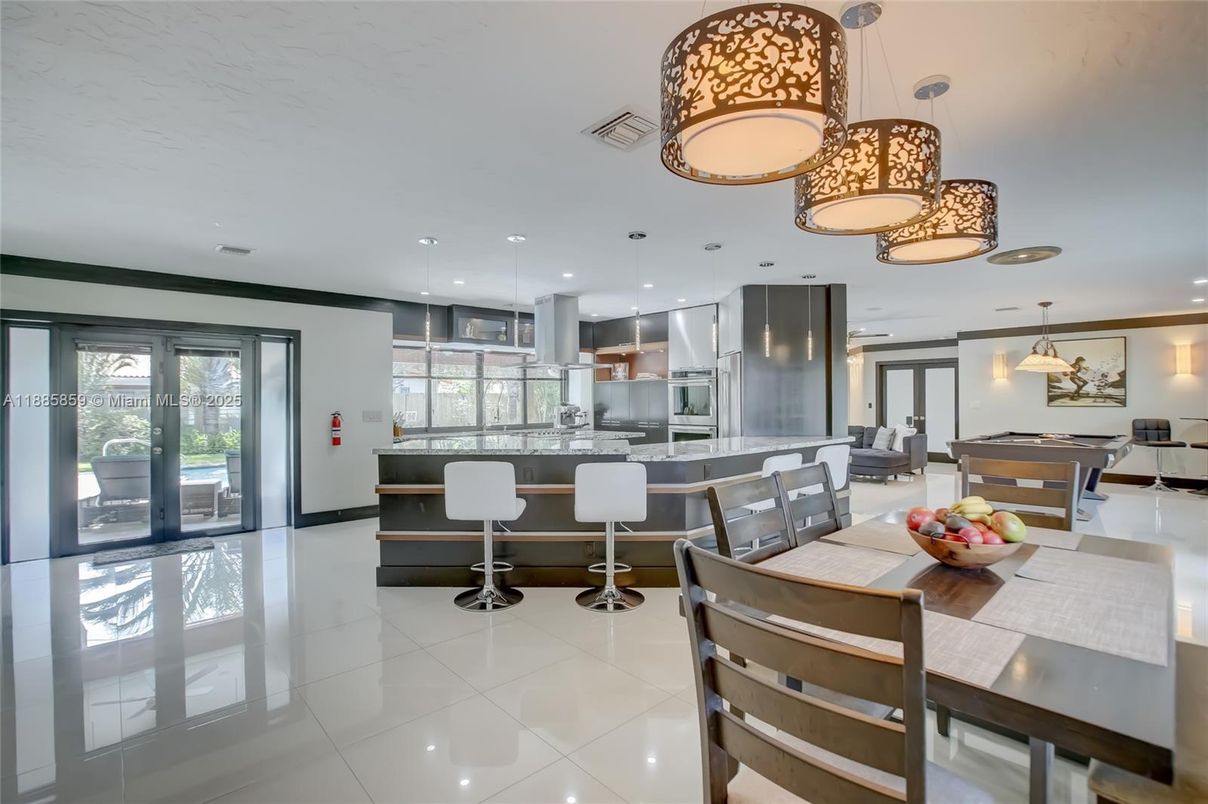 Billiard Table, Dining room, Game Room, Interior, Kitchen, Pendant Lights, Recessed Lighting, Stainless Steel Appliances